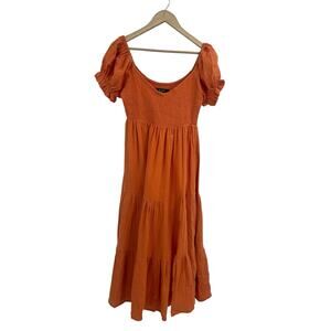 O.P.T. Lanna Orange Smocked Gauze Tiered Midi Dress Small Puff Sleeve
